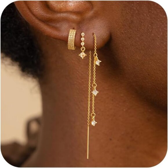 💫 Women Gold Trendy Dangle Earrings 14K Dainty Threader Double Piercing Jewelry - Picture 1 of 9